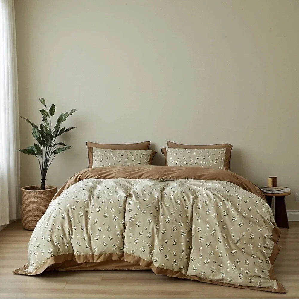 NEW Anthro Khaki Floral Vintage Queen / King Cotton Bedding Duvet & Sham Set